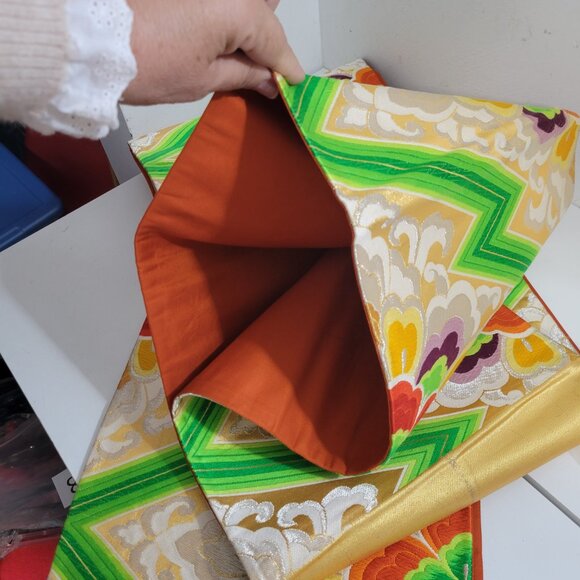 Japanese Hand Embroidered Silk Obi With Orange Silk backing - Picture 2 of 4